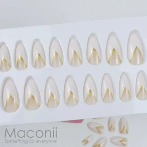 Press On Nails Stiletto Kitty Kat White Chevron Gold Trim Shimmer False Tips Set - Picture 1 of 6