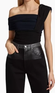 Goldsign Women S Gelsey Bodysuit Black Navy Blue Ribbed One Shoulder Knit Draped - Picture 1 of 8