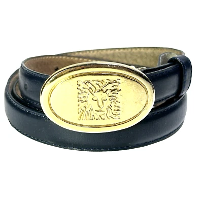 Cinturón de Vestido Anne Klein L Cuero Azul Marino Tono Dorado Logo León Hebilla de Gancho Foto 1 de 4