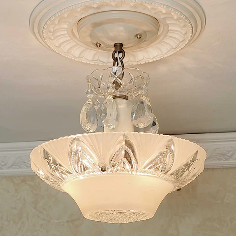 055c Vintage antique aRT DEco CEILING LIGHT Glass shade chandelier fixture beige Cover
