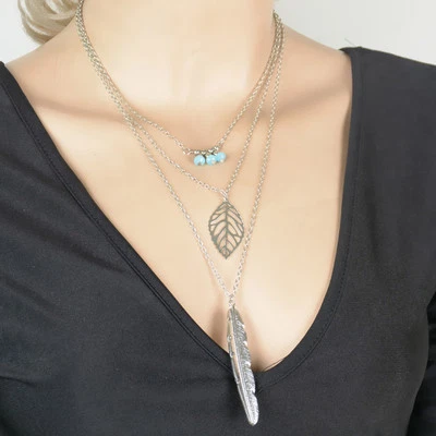 Collar de moda de 3 capas para mujer con colgante de hojas y plumas y cuentas turquesa Foto 1 de 3