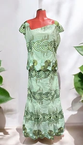 VTG 70s Mod Mint green Top/skirt set embroidered cut-out circles funky unique XL - Picture 1 of 10
