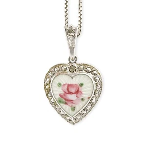 Vintage Rose Heart Pendant Necklace Sterling Silver Guilloché Enamel Marcasite - Picture 1 of 5