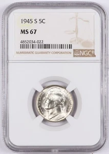 1945-S Jefferson Silver War Nickel 5C NGC MS67 Bright White! - Picture 1 of 2