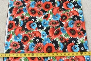 20" Long, Orange Blue Black Large Poppies Quilt Cotton, Springs, P4503 - Picture 1 of 6