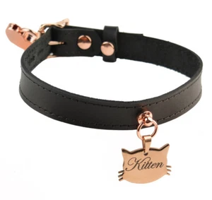 Leather Collar Kitten Handcrafed Leather Black and Rose Gold Custom Engraving - Picture 1 of 4