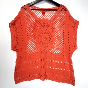 Crochet Orange Top Blouse Sz XL boho festival bathing suit coverup 100%cotton - Picture 1 of 6