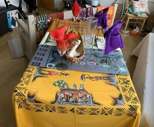 African Batik Tableclothwith Napkins ( Red, Grey, Yellow, Brown, Purple) - Picture 1 of 6
