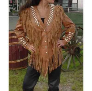 Damen Indianer Western Cowboy Lederjacke Kontrast Fransen & Perlen - Bild 1 von 2