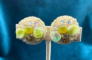Vintage HOBE EARRINGS Abstract Green Clear AB Stones MCM - Picture 1 of 5