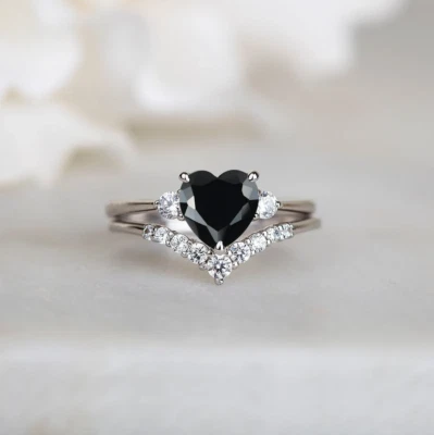 2Ct Heart Cut Black Diamond Bridal Set Engagement Ring 14K White Gold Finish - Image 1 of 4