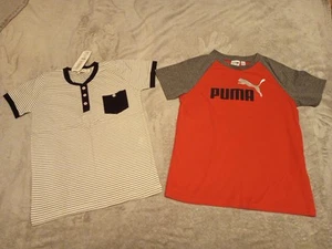 2 Boys T-Shirts Size S 7/8 1 Red Gray Puma & 1 White Black Striped Short Sleeve - Picture 1 of 10