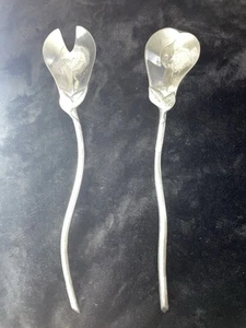 Vintage handgefertigte 16" Mariposa Birnenförmige Metall Salatbesteck/Löffel Mexiko - Bild 1 von 8