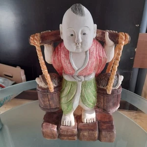 Große asiatische Buddha Holzfigur antik trägt Fässer mit Schildkröte schwer Ipe - Bild 1 von 13