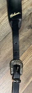 Vintage Levys verstellbarer Gibson schwarzer Leder-Gitarrengurt maßgefertigte Westernschnalle. - Bild 1 von 9