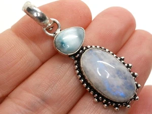 GJ69 GW  MONDSTEIN OVAL &  LARIMAR VINTAGE ANHÄNGER 20,5mm+ *TOP* +KETTE / LEDER - Bild 1 von 6