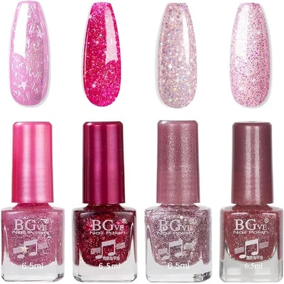EONFAVE Nail Polish Set - Glitter Nail Varnish Set - Quick Dry Flash Shinny Pink Series