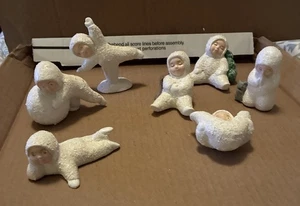 Vintage handgefertigte Schnee Kinder Winter/Urlaub Deko Figuren 7-teiliges Set funkelnd - Bild 1 von 8