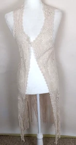 Adiva Crochet Vest Fringe Small Ivory Long Line Layering Boho Hippie Festival - Picture 1 of 11