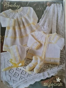 New Stylecraft Knitting Pattern 4163. Dress, cardigan, bonnet, bootees and shawl - Picture 1 of 1