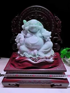 18 Zoll natürlicher grüner Smaragd Jadeit Jade Maitreya Buddha Statue (Holzgrundpreis) - Bild 1 von 9