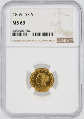 1855 Quarter Eagle NGC MS63 Philadelphia Mint $2.5 Gold Coin Cover