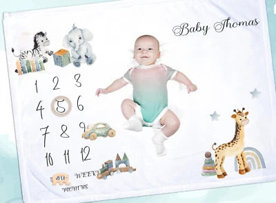 Personalised safari toys design baby  milestone blanket , quality nursery item - Image 1 of 2