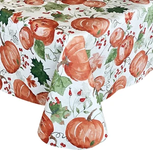 Pumpkin Gathering PEVA Non Toxic Autumn Vinyl Tablecloth, Thanksgiving Harvest C - Picture 1 of 5