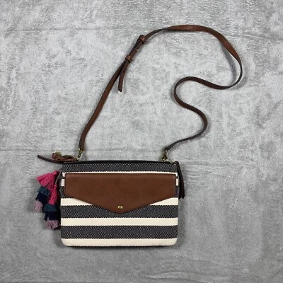 Cartera Fossil Devon Triple Cremallera Bolsillo Azul Marino Blanco Marrón Cuero Solapa Foto 1 de 4