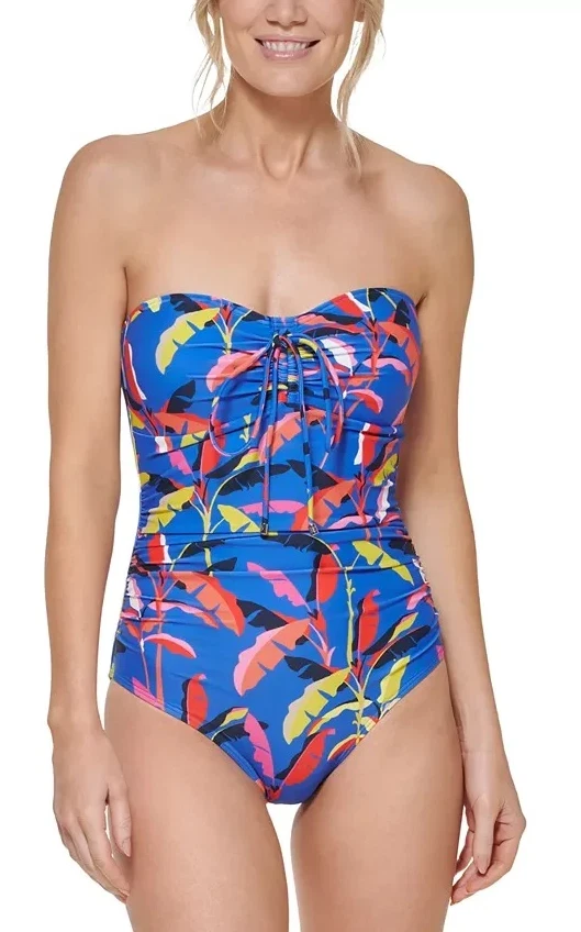 Tommy Hilfiger BLUE MULTI Printed Bandeau One-Piece Swimsuit, US 8 - Image 1 of 2