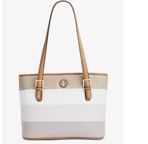 GIANI BERNINI colorblock striped faux-leather medium tote bag -Beige White Tan - Picture 1 of 15