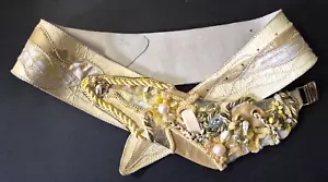 Vintage A Yellow/Gold Leather Embellished Designer Belt, Signed - Picture 1 of 10