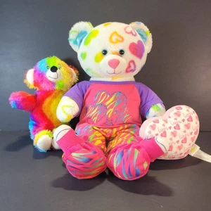 Lot of 3 - BUILD A BEAR 16" Pajama Heart Bear - 12" Rainbow Bear - 6" Heart Clip - Picture 1 of 21