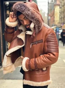 Men's B3 RAF Bomber Brown Aviator Flying Faux Fur Sheepskin Leather Jacket Coat - Picture 1 of 5