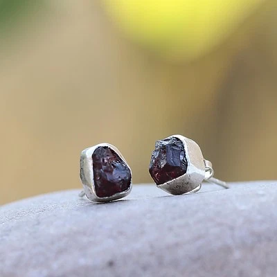 Pendientes de piedras granate de plata 925 hechas a mano sin cortar joyas regalo para mujer-FU-0253 Foto 1 de 3