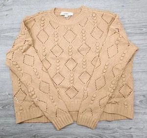 LOFT Pullover Damen LARGE hellbraun offen Strick Ösen Bommel Zopfmuster Rundhals Pullover - Bild 1 von 7