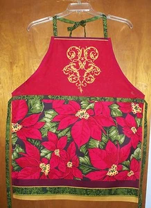 NEW HANDMADE APRON - CHRISTMAS HOLIDAY POINSETTIAS GOLD SCROLL KITCHEN COTTON - Picture 1 of 2