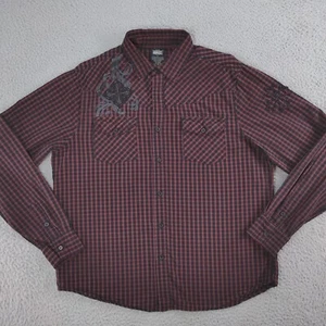 MMA Elite Shirt Men Large Maroon Black Check Long Sleeve Button Down Embroidered - Picture 1 of 19