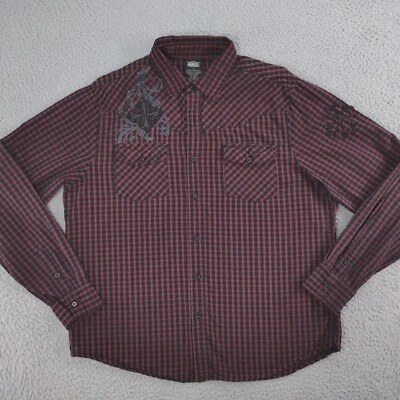 MMA Elite Shirt Men Large Maroon Black Check Long Sleeve Button Down Embroidered - Изображение 1 из 4