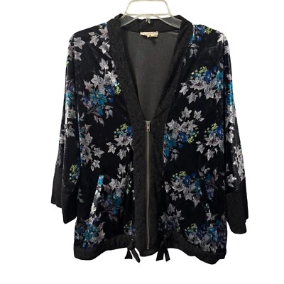 Mystree Floral Velvet Open Cardigan Jacket Oversized With Pockets  Sz M Jacket - Image 1 of 4
