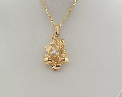 Collar de 18" con colgante de flor de oro amarillo macizo de 18k de diamantes talla antigua genuina Foto 1 de 4