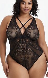 Womens Torrid Strappy Plunge Bodysuit - Lace Black Size 0 12 Large NWT