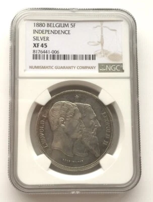 Belgium 1880 Independence 5 Francs NGC Silver Coin,Rare - Image 1 of 2