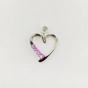 10k White Gold Round Cut Pink Sapphire & Diamond Heart Pendant Charm - Picture 1 of 8