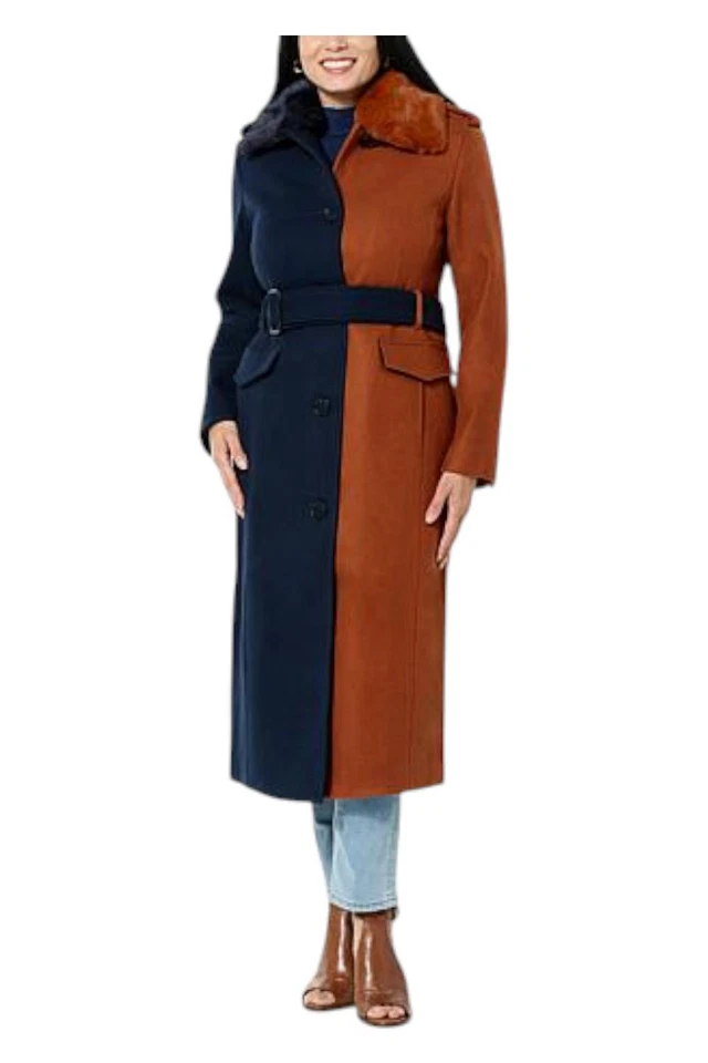 Abrigo Badgley Mischka para mujer estilo militar bloques de colores azul marino coñac Foto 1 de 1