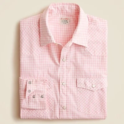 J Crew Secret Wash cotton poplin western shirt Mens Small Cooper Gingham Pink - Image 1 of 4