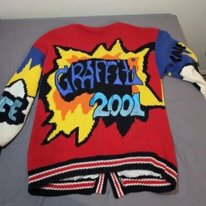 Vintage No! Multi Color Loud Bright Graffiti 2001 Jacket Cardigan Sweater - Bild 1 von 13