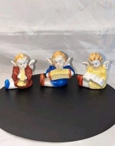 Set Of 3 Occupied Japan Ceramic 2.25" Angels Playing Musical Instrument Figures - Picture 1 of 10
