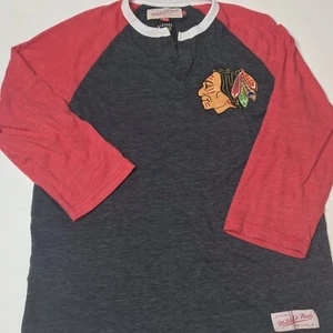 Mitchell & Ness Blackhawks Henley Shirt S Vintage Hockey NHL Chicago Grey Red - Picture 1 of 7