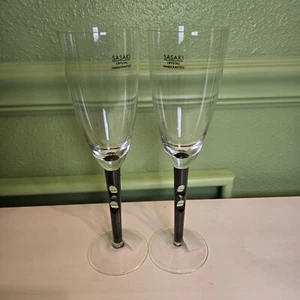 Vintage Sasaki Onyx Crystal Champagne Flute Black Stem Poland 8oz X2 - Picture 1 of 2